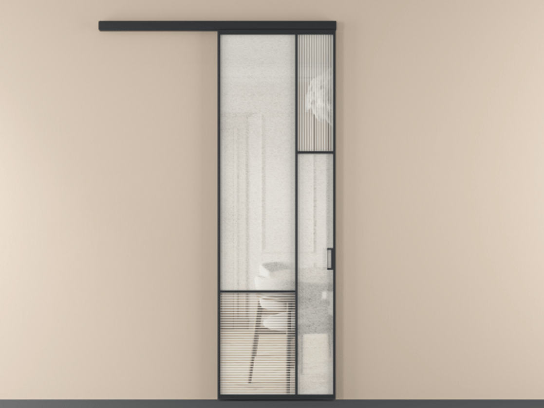 Перегородка Mosaic вдоль стены 1 створка АЛПР 041.12 Алюминий Черный Рифлёное стекло "Дюна", триплекс, 6 мм + Фактурное стекло "Лёд", триплекс Цена 7270 AZE | Volhovec