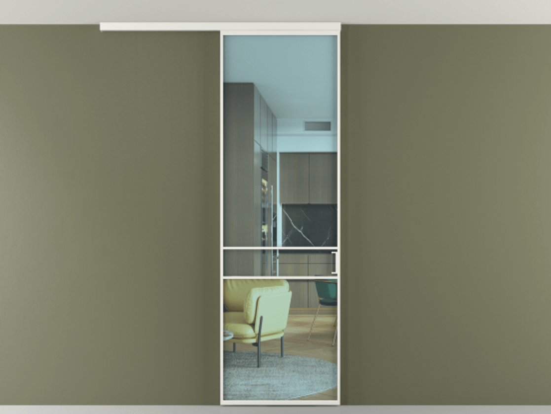 Перегородка Формато вдоль стены на потолок 1 створка АЛПР 040.02 Алюминий светло-серый Прозрачное голубое стекло, триплекс Цена 5000 AZE | Volhovec