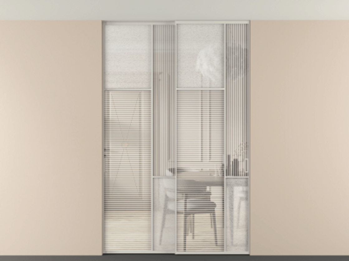 Перегородка Мозаик внутри проёма скрытое крепление в потолок 2 створки АЛПР 041.10 Алюминий тёплый серый Рифлёное стекло "Дюна", триплекс, 6 мм + Фактурное стекло "Лёд", триплекс Цена 17750 AZE | Volhovec