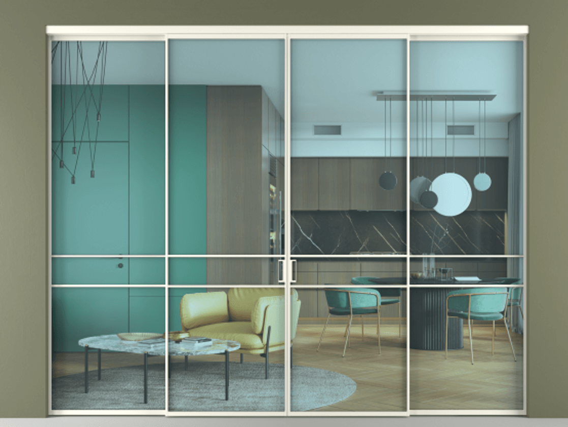 Перегородка Formato внутри проёма 4 створки АЛПР 040.02 Алюминий жемчужный Прозрачное голубое стекло, триплекс Цена 17600 AZE  | Volhovec