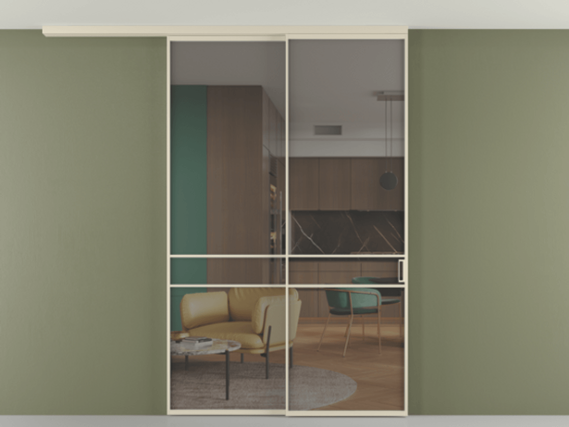 Перегородка Формато вдоль стены на потолок 2 створки с синхронным механизмом АЛПР 040.02 Алюминий бежево-серый Прозрачное серое стекло, триплекс Цена 16210 AZE | Volhovec