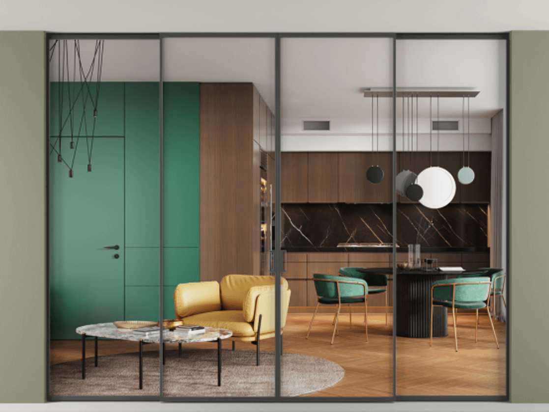 New Перегородка Formato внутри проёма скрытое крепление в потолок 4 створки АЛПР 040.01  Прозрачное стекло "Кристал Вижн", калёное Цена 32510 AZE | Volhovec