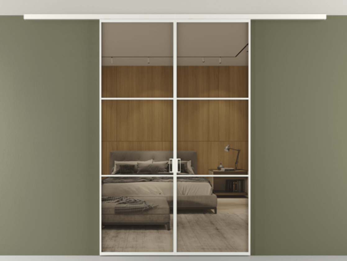 Перегородка Формато вдоль стены на потолок 2 створки АЛПР 040.03 Алюминий светло-серый Рефлективное бронзовое стекло "Стопсол", калёное Цена 12710 AZE | Volhovec