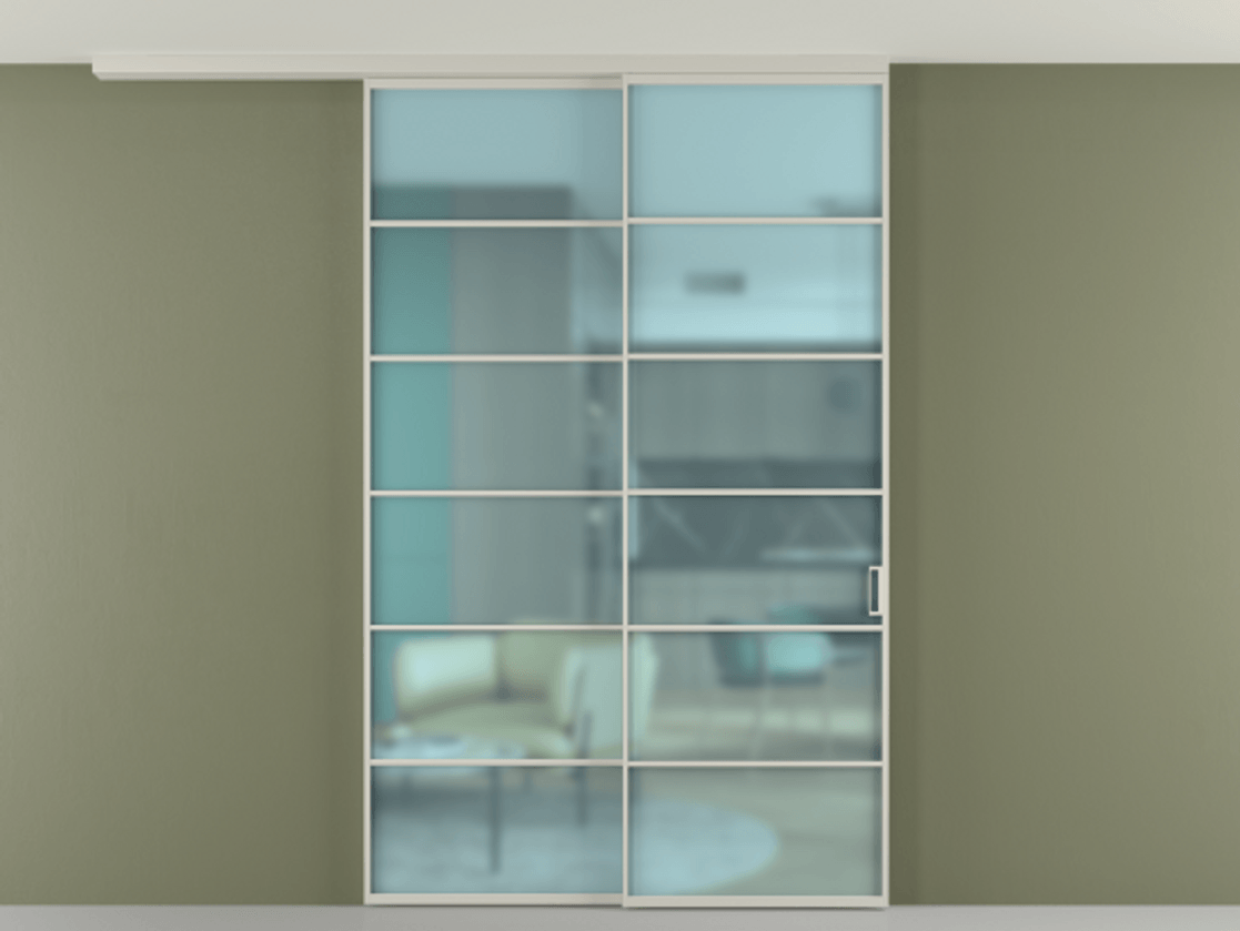 Перегородка Formato вдоль стены на потолок 2 створки с синхронным механизмом АЛПР 040.04 Алюминий тёплый серый Сатинированное голубое стекло, триплекс Цена 15200 AZE | Volhovec