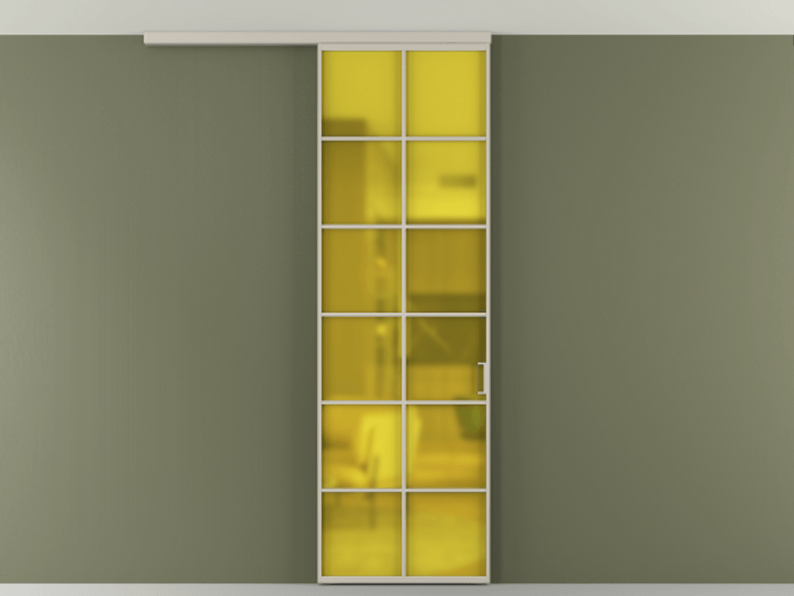 Перегородка Формато вдоль стены на потолок 1 створка АЛПР 040.05 Алюминий светло-бежевый Сатинированное жёлтое стекло, триплекс Цена 5400 AZE | Volhovec