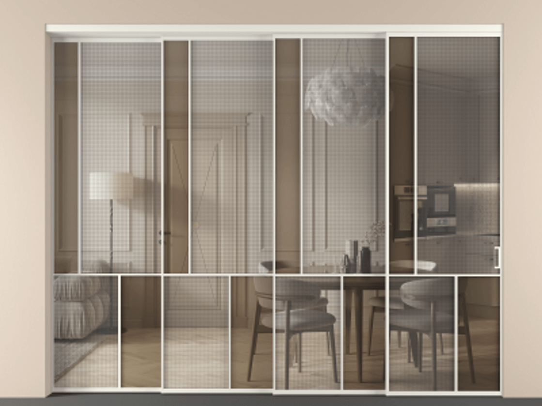 Перегородка Mosaic внутри проема телескопик синхро-4 АЛПР 041.20 Алюминий Белый Mesh silver + Бронза прозрачное триплекс Цена 28280 AZE | Volhovec
