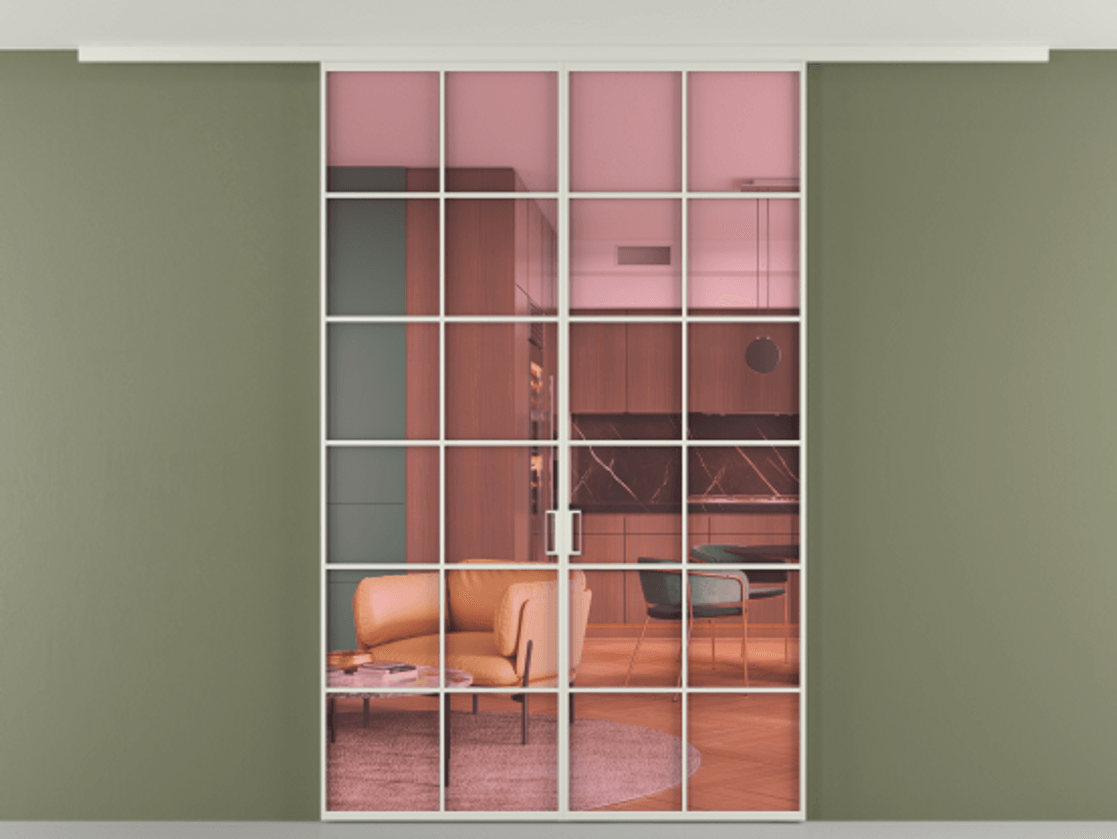 Перегородка Формато вдоль стены на потолок 2 створки АЛПР 040.05 Алюминий Белый Прозрачное розовое стекло, триплекс Цена 10000 AZE | Volhovec