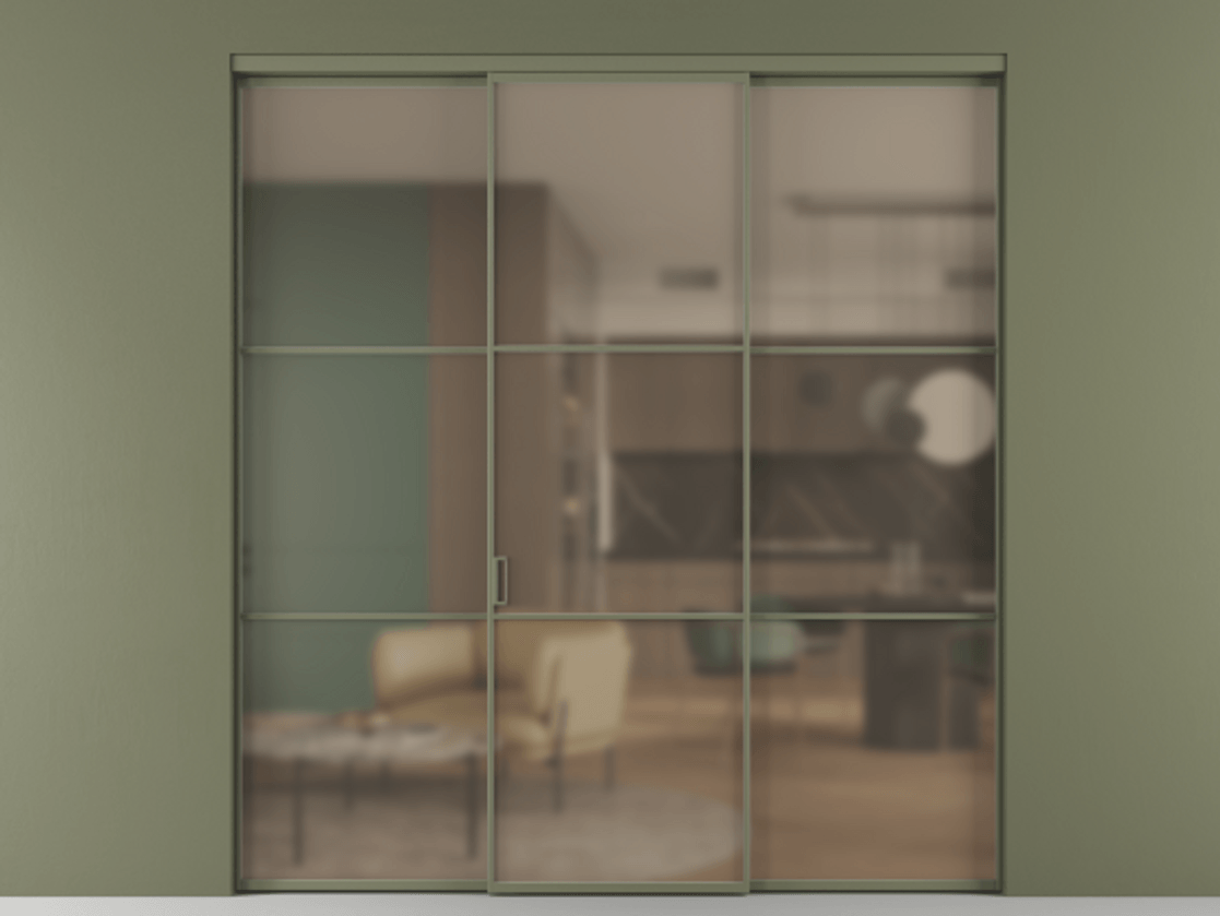 Перегородка Формато внутри проёма 3 створки АЛПР 040.03 Алюминий оливковый тёмный Сатинированное бронзовое стекло, триплекс Цена 12370 AZE | Volhovec