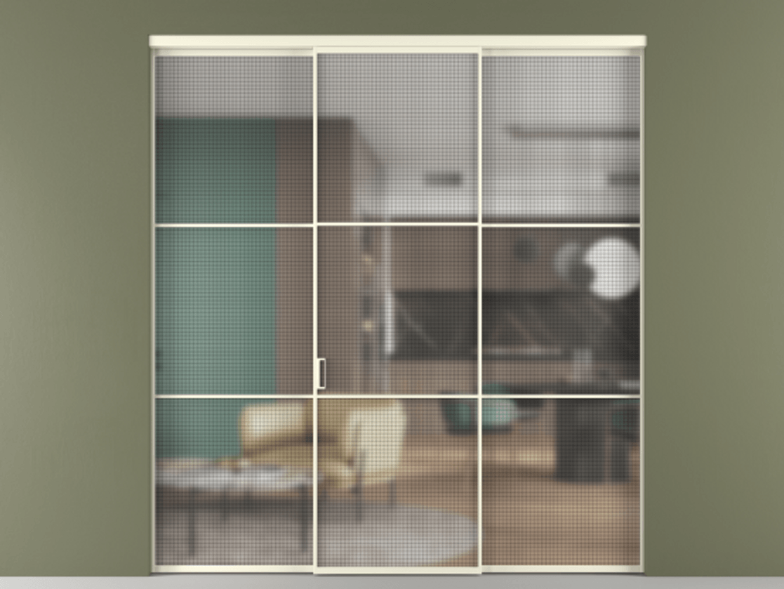 Перегородка Formato внутри проёма 3 створки АЛПР 040.03 Алюминий молочно-белый Декоративное стекло с сеткой "Mesh silver", триплекс Цена 13960 AZE | Volhovec