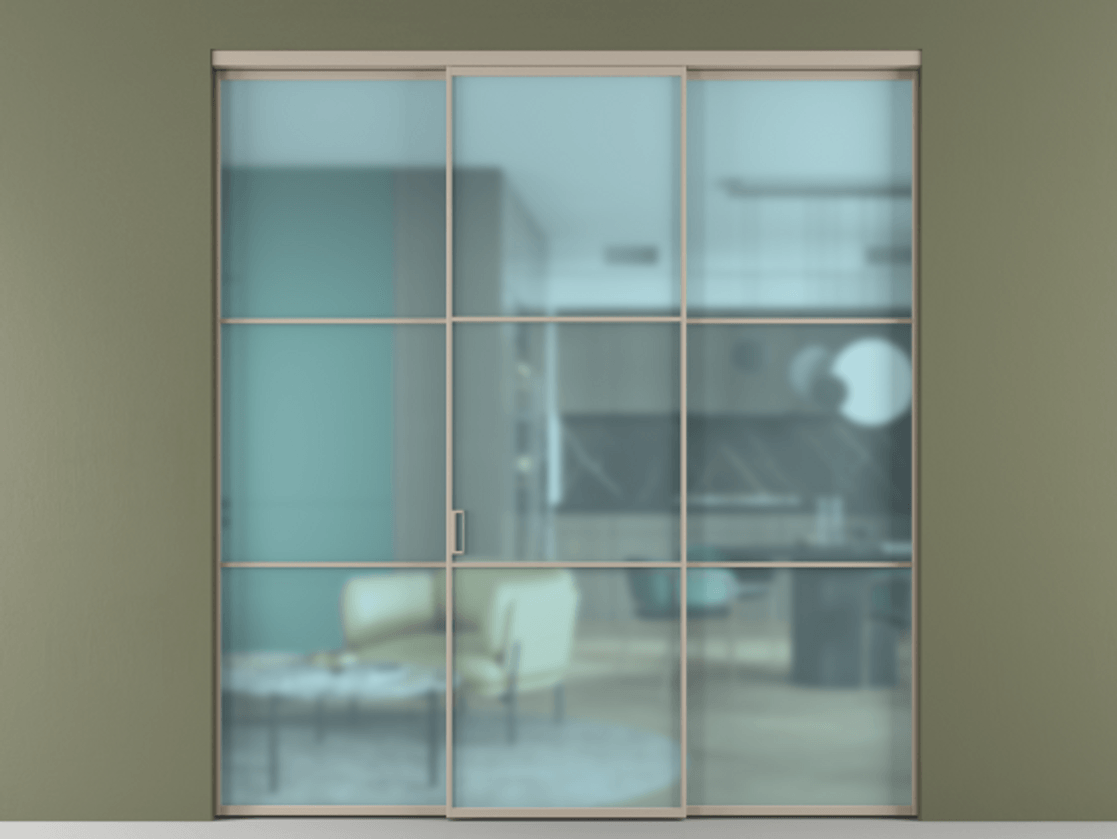 Перегородка Formato внутри проёма 3 створки АЛПР 040.03 Алюминий бисквитный Сатинированное голубое стекло, триплекс Цена 12400 AZE | Volhovec