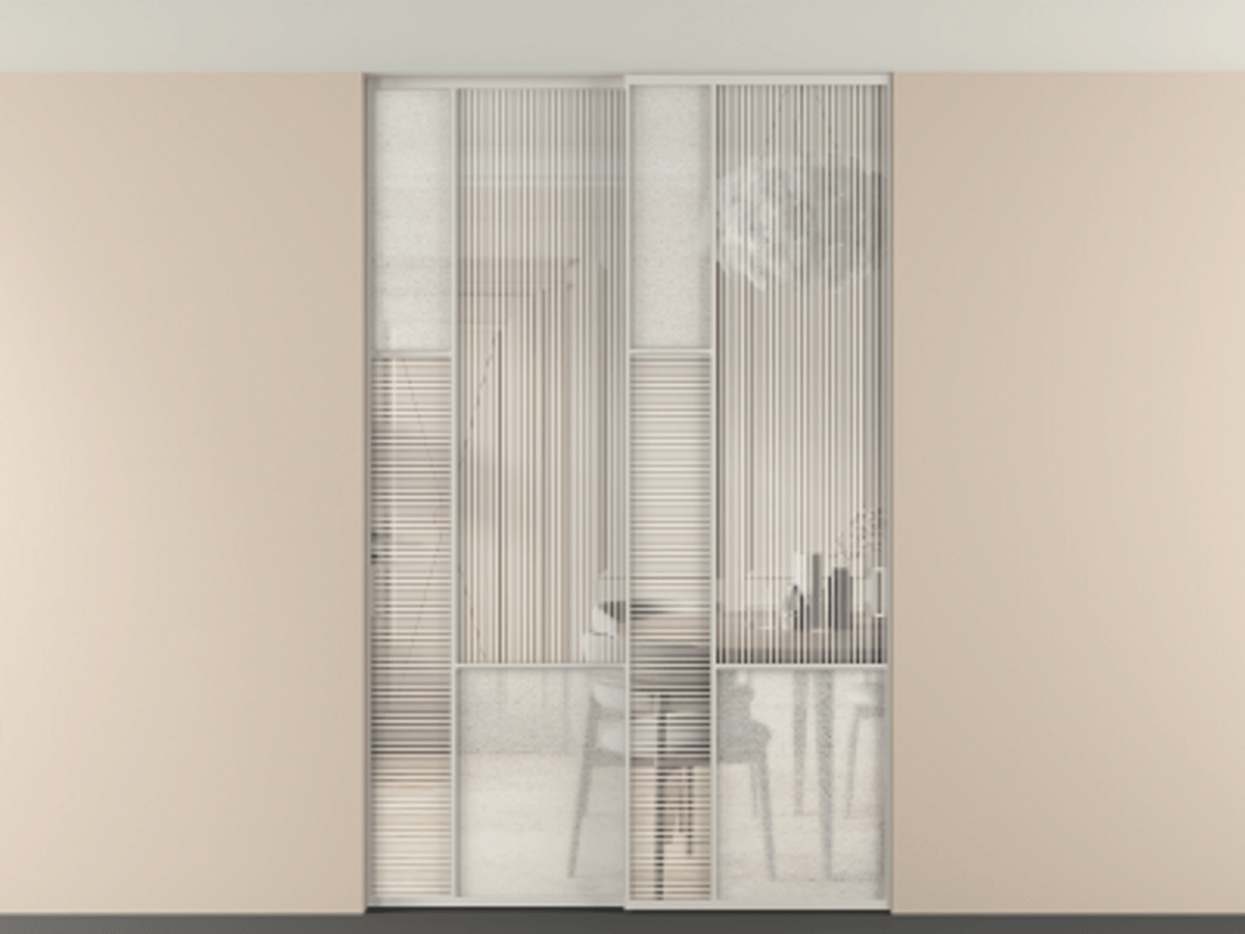 Перегородка Мозаик внутри проёма скрытое крепление в потолок 2 створки АЛПР 041.13 Алюминий тёплый серый Рифлёное стекло "Дюна", триплекс, 6 мм + Фактурное стекло "Лёд", триплекс Цена 17750 AZE | Volhovec