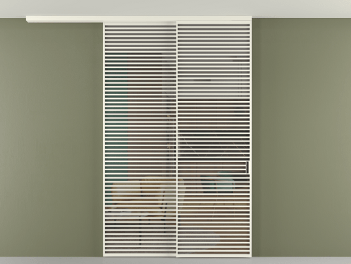 Перегородка Формато вдоль стены на потолок 2 створки с синхронным механизмом АЛПР 040.07 Алюминий жемчужный Прозрачное серое стекло, триплекс Цена 23480 AZE | Volhovec