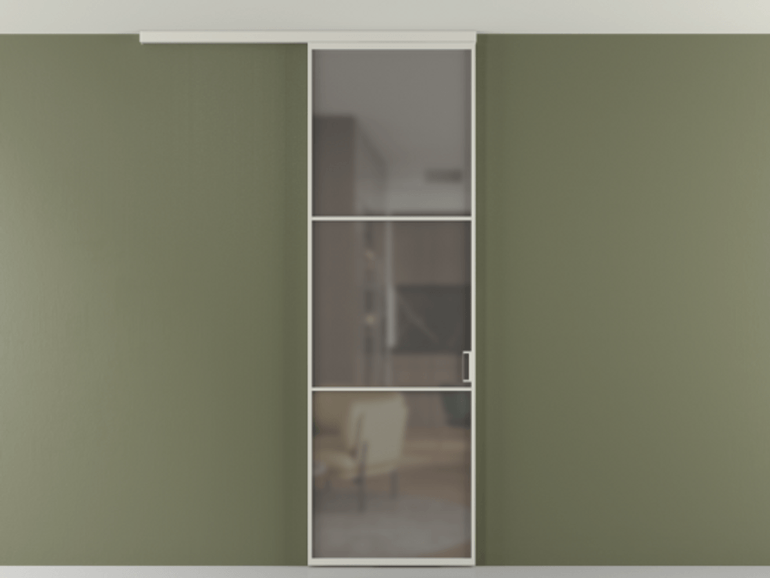 Перегородка Формато вдоль стены на потолок 1 створка АЛПР 040.03 Алюминий тёплый серый Сатинированное серое стекло, триплекс Цена 5050 AZE | Volhovec