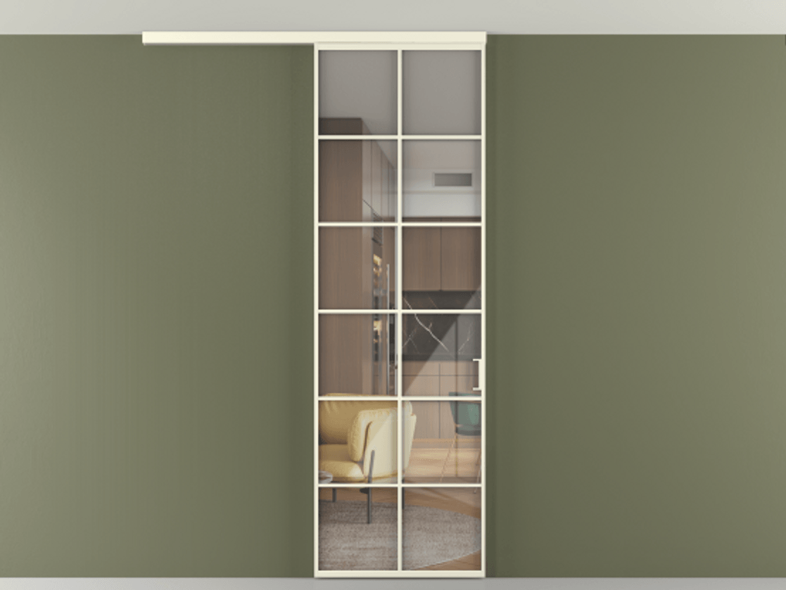 Перегородка Формато вдоль стены на потолок 1 створка АЛПР 040.05 Алюминий молочно-белый Рефлективное прозрачное стекло "Стопсол", калёное Цена 6990 AZE | Volhovec