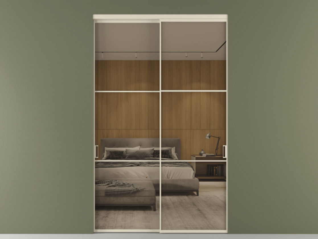 Перегородка Формато внутри проёма 2 створки АЛПР 040.03 Алюминий бежево-серый Рефлективное бронзовое стекло "Стопсол", калёное Цена 478300 ₽  | Volhovec