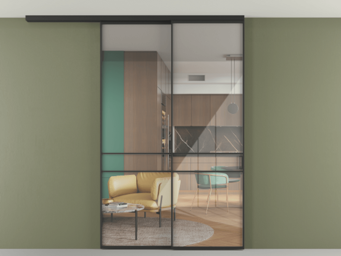 Перегородка Формато вдоль стены на потолок 2 створки с синхронным механизмом АЛПР 040.02 Алюминий Черный Рефлективное прозрачное стекло "Стопсол", калёное Цена 16270 AZE | Volhovec