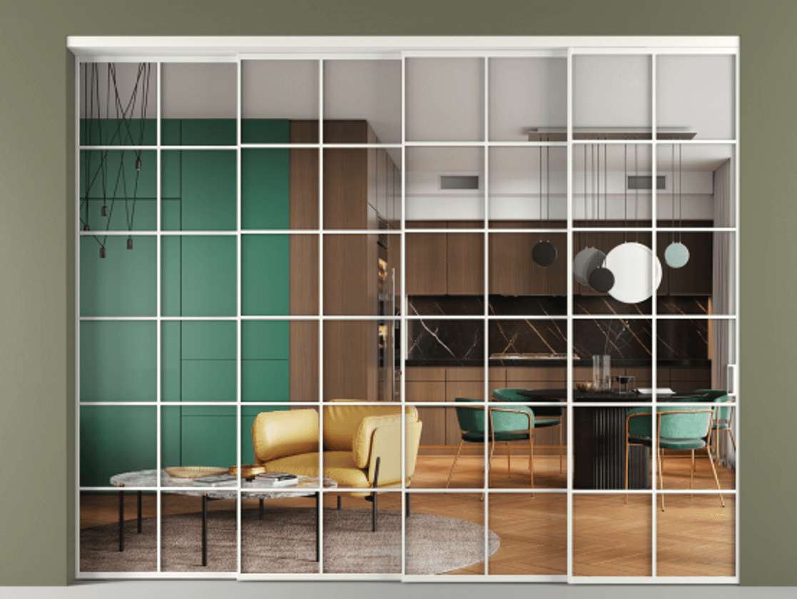 Перегородка Формато внутри проёма 4 створки с синхронным механизмом АЛПР 040.05 Алюминий светло-серый Прозрачное стекло "Кристал Вижн", калёное Цена 26810 AZE | Volhovec