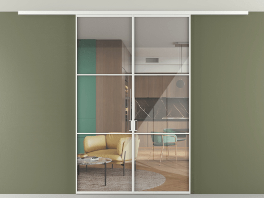 Перегородка Формато вдоль стены на потолок 2 створки АЛПР 040.03 Алюминий белоснежный Рефлективное прозрачное стекло "Стопсол", калёное Цена 10830 AZE | Volhovec