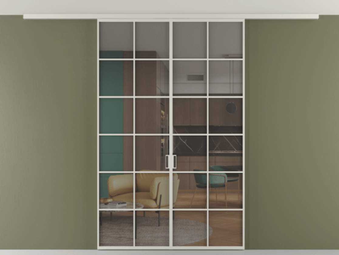 Перегородка Формато вдоль стены на потолок 2 створки АЛПР 040.05 Алюминий тёплый серый Прозрачное серое стекло, триплекс Цена 12770 AZE | Volhovec