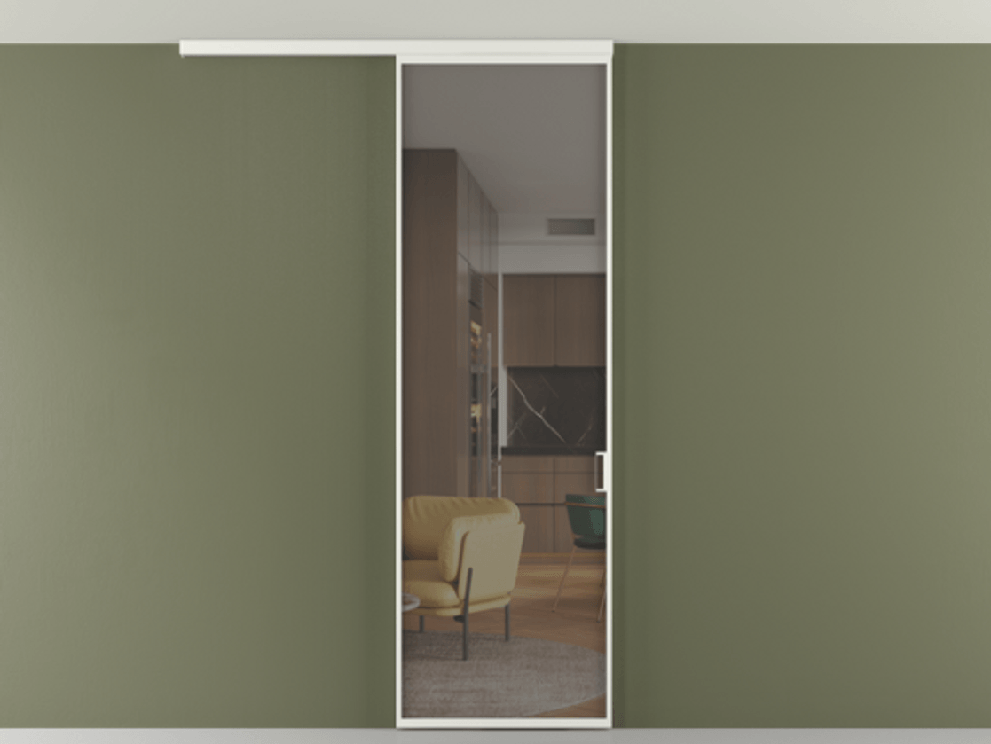 Перегородка Формато вдоль стены на потолок 1 створка АЛПР 040.01 Алюминий светло-серый Прозрачное серое стекло, триплекс Цена 4820 AZE | Volhovec