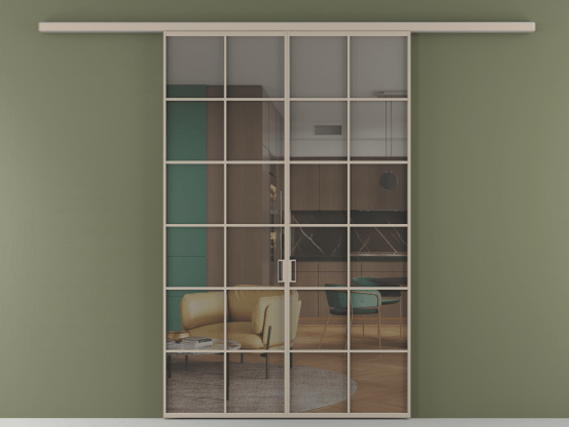 Перегородка Формато вдоль стены 2 створки АЛПР 040.05 Алюминий бисквитный Прозрачное серое стекло, триплекс Цена 207150 ₽ | Volhovec