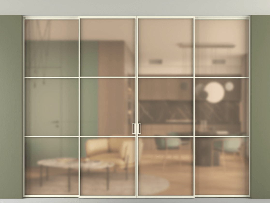 Перегородка Formato внутри проёма четырёхстворчатая со скрытым креплением в потолок АЛПР 040.03 Алюминий молочно-белый Сатинированное оранжевое стекло, триплекс Цена 23800 AZE | Volhovec