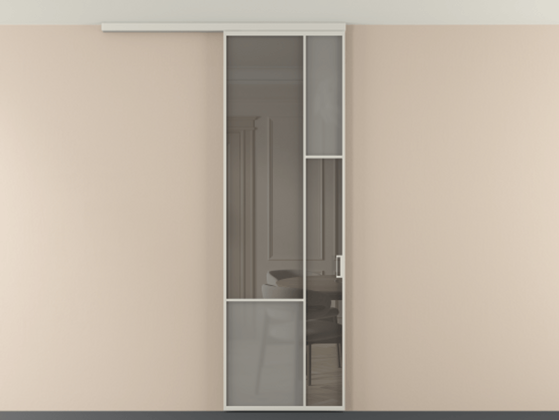 Перегородка Мозаик вдоль стены на потолок 1 створка АЛПР 041.12 Алюминий тёплый серый Сатинированное серое стекло, триплекс, 6 мм + Прозрачное серое стекло, триплекс Цена 7040 AZE | Volhovec