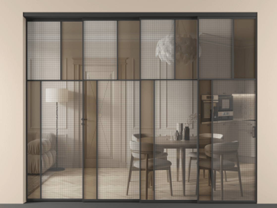 Перегородка Mosaic внутри проема телескопик синхро-4 АЛПР 041.22 Алюминий Черный Mesh silver + Бронза прозрачное триплекс Цена 28280 AZE | Volhovec
