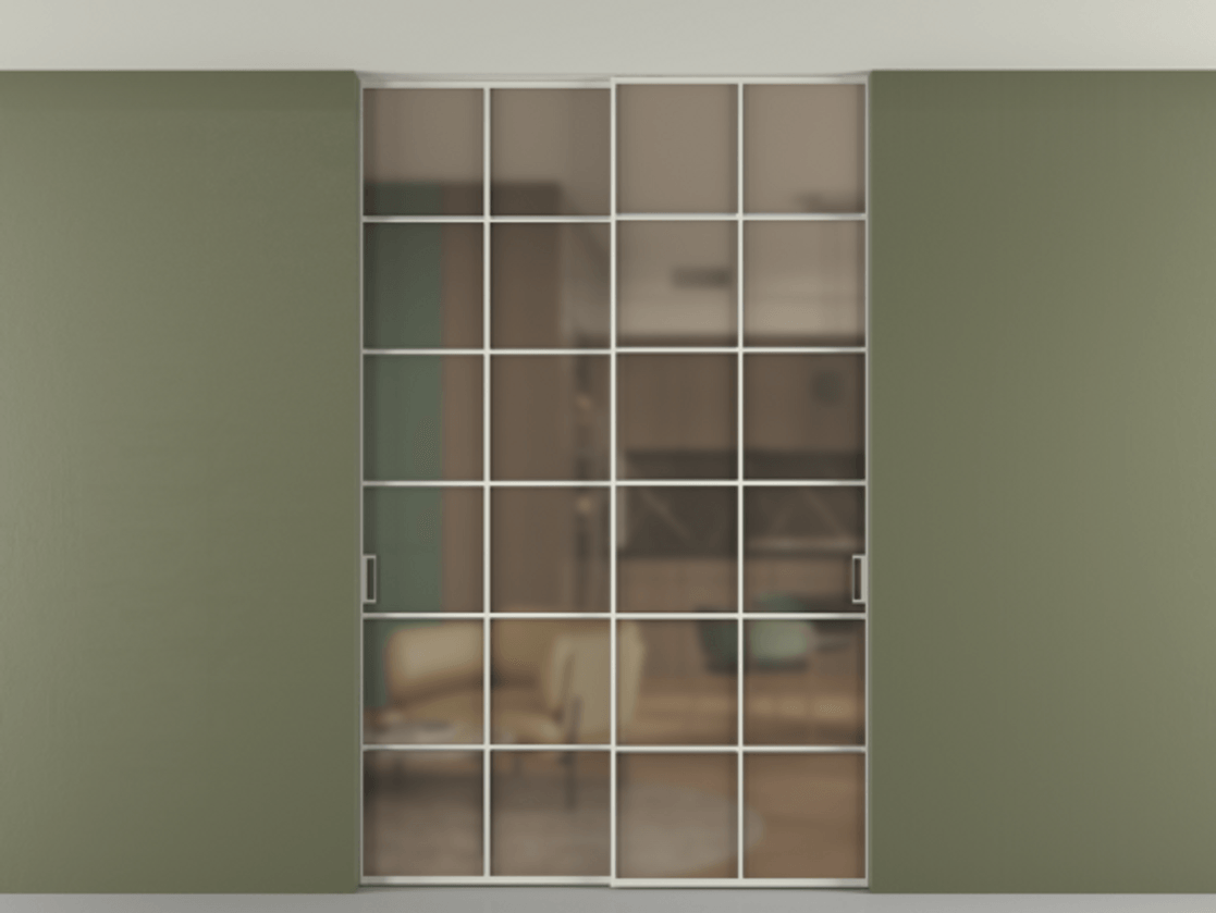 Перегородка Formato внутри проёма скрытое крепление в потолок 2 створки АЛПР 040.05 Алюминий Белый Сатинированное бронзовое стекло, триплекс Цена 13270 AZE | Volhovec