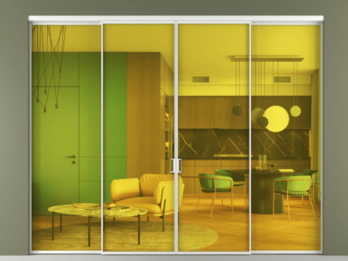 Перегородка Формато внутри проёма 4 створки АЛПР 040.01 Алюминий белоснежный Прозрачное жёлтое стекло, триплекс Цена 16700 AZE  | Volhovec