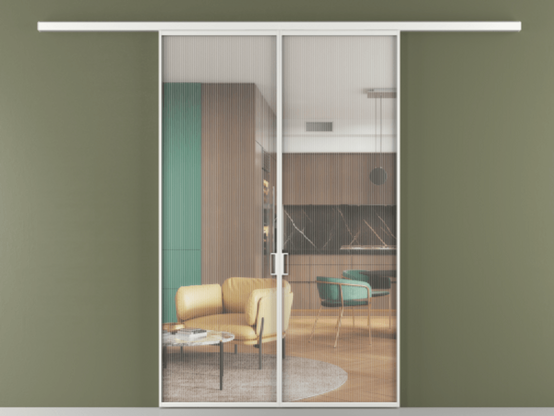 Перегородка Формато вдоль стены 2 створки АЛПР 040.01 Алюминий белоснежный Рифлёное стекло "Мору", триплекс Цена 10390 AZE | Volhovec