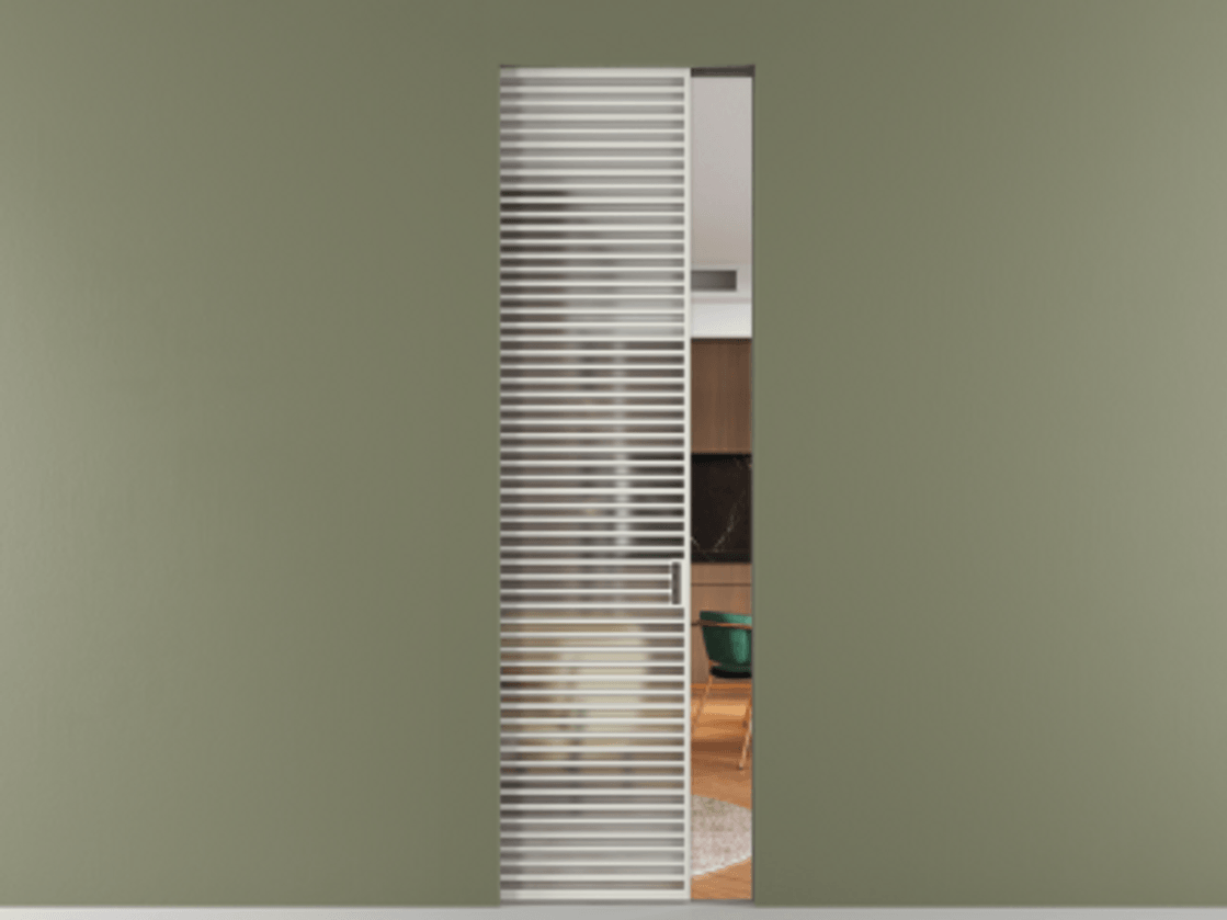 Перегородка Формато скрытый пенал 1 створка АЛПР 040.07 Алюминий серый Сатинированное стекло "Мателюкс Кристал Вижн", калёное, матовое, каленое 6 мм Цена 12520 AZE | Volhovec