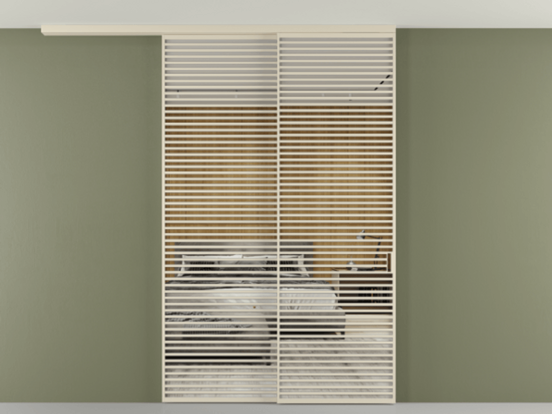 Перегородка Формато вдоль стены на потолок 2 створки с синхронным механизмом АЛПР 040.07 Алюминий бежево-серый Двустороннее зеркало, триплекс , триплекс 6 мм Цена 27450 AZE | Volhovec