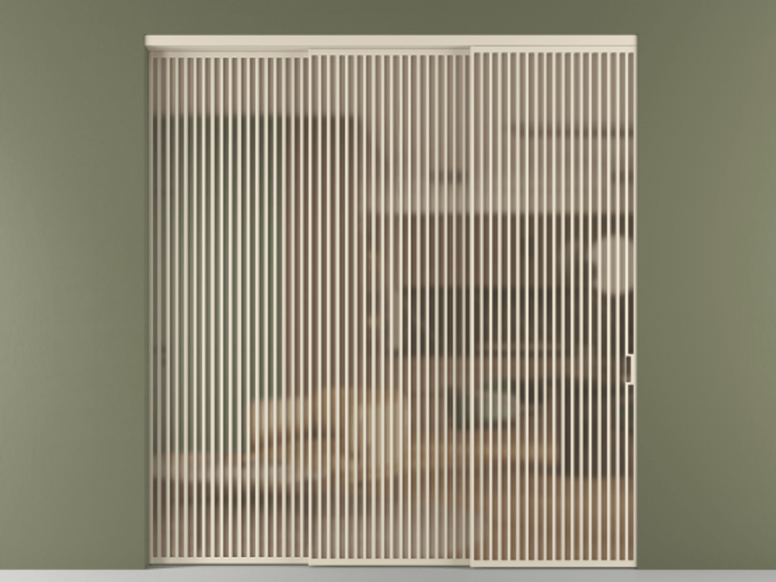 Перегородка Formato внутри проёма 3 створки с синхронным механизмом АЛПР 040.06 Алюминий бежево-серый Сатинированное оранжевое стекло, триплекс Цена 30200 AZE  | Volhovec