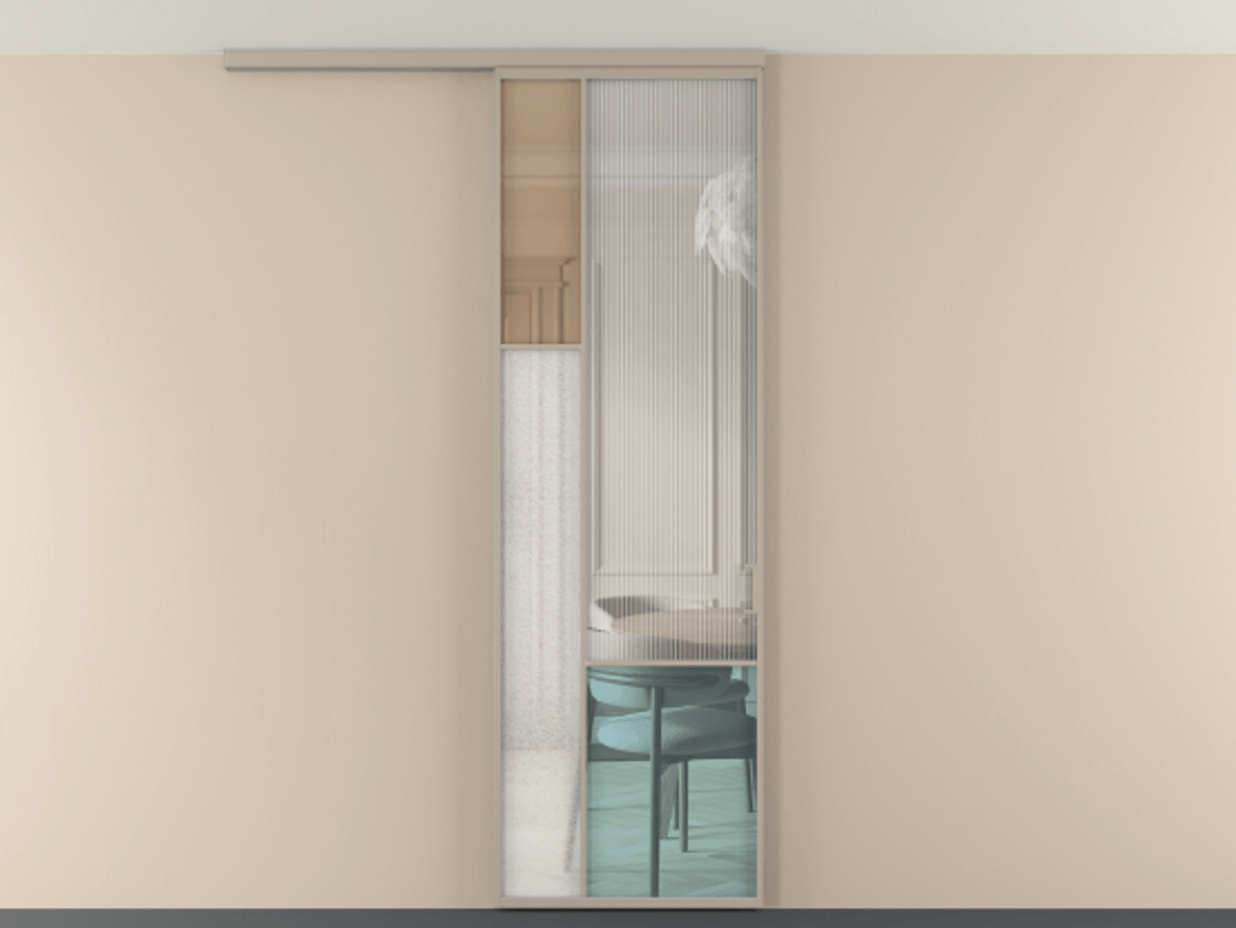 Перегородка Мозаик вдоль стены на потолок 1 створка АЛПР 041.13 Алюминий бисквитный Комбинация стекол Группы 1 и Группы 3 Цена 7400 AZE | Volhovec