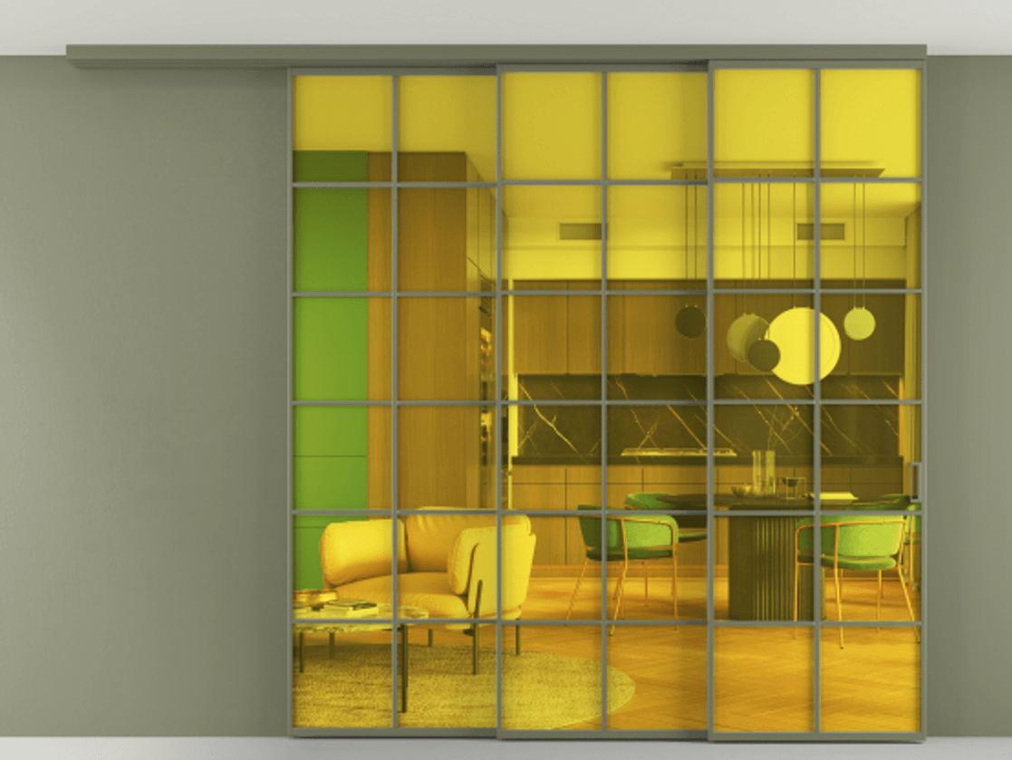 Перегородка Formato вдоль стены на потолок 3 створки с синхронным механизмом АЛПР 040.05 Алюминий оливковый тёмный Прозрачное жёлтое стекло, триплекс Цена 21700 AZE | Volhovec