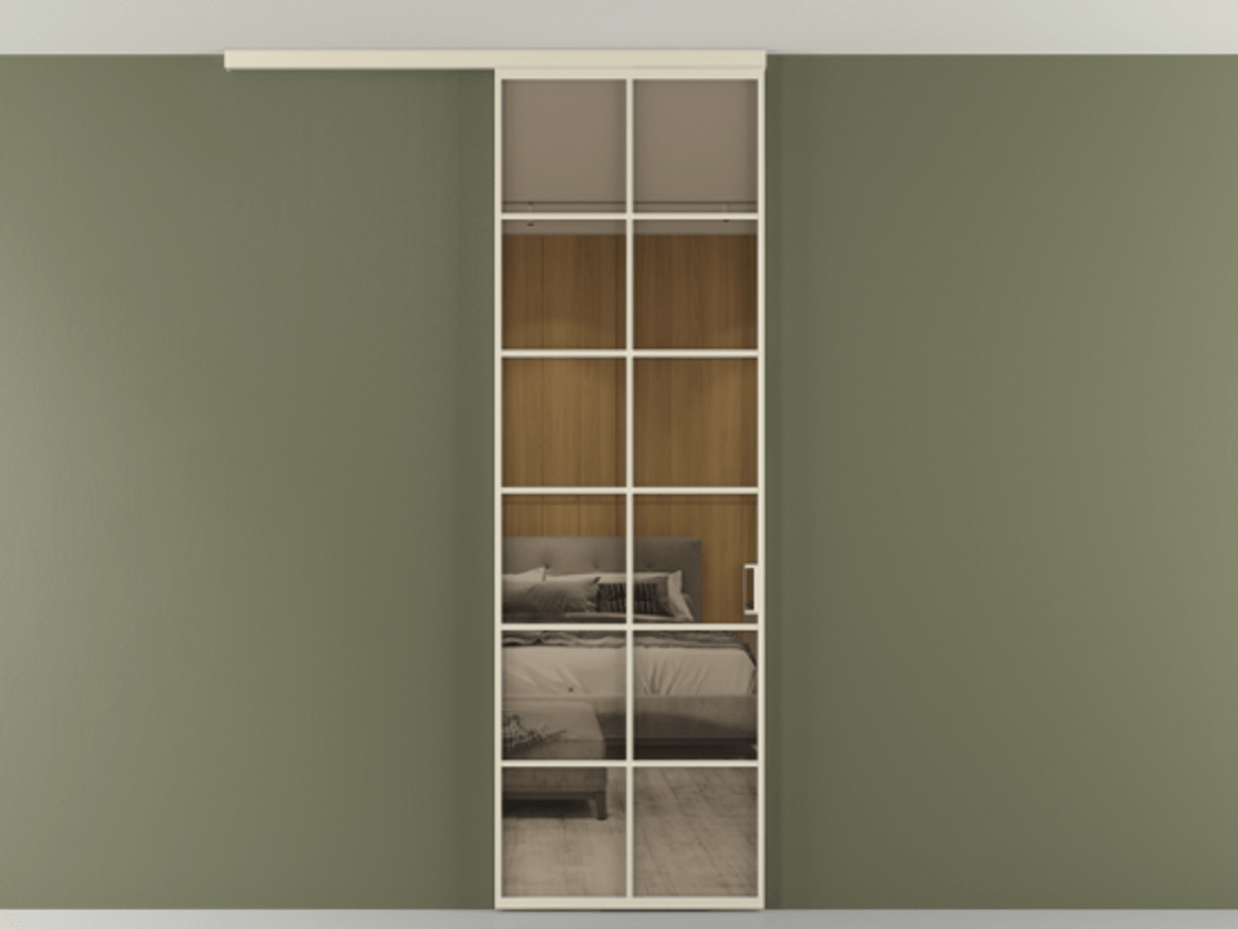 Перегородка Формато вдоль стены на потолок 1 створка АЛПР 040.05 Алюминий бежево-серый Рефлективное бронзовое стекло "Стопсол", калёное Цена 6990 AZE | Volhovec