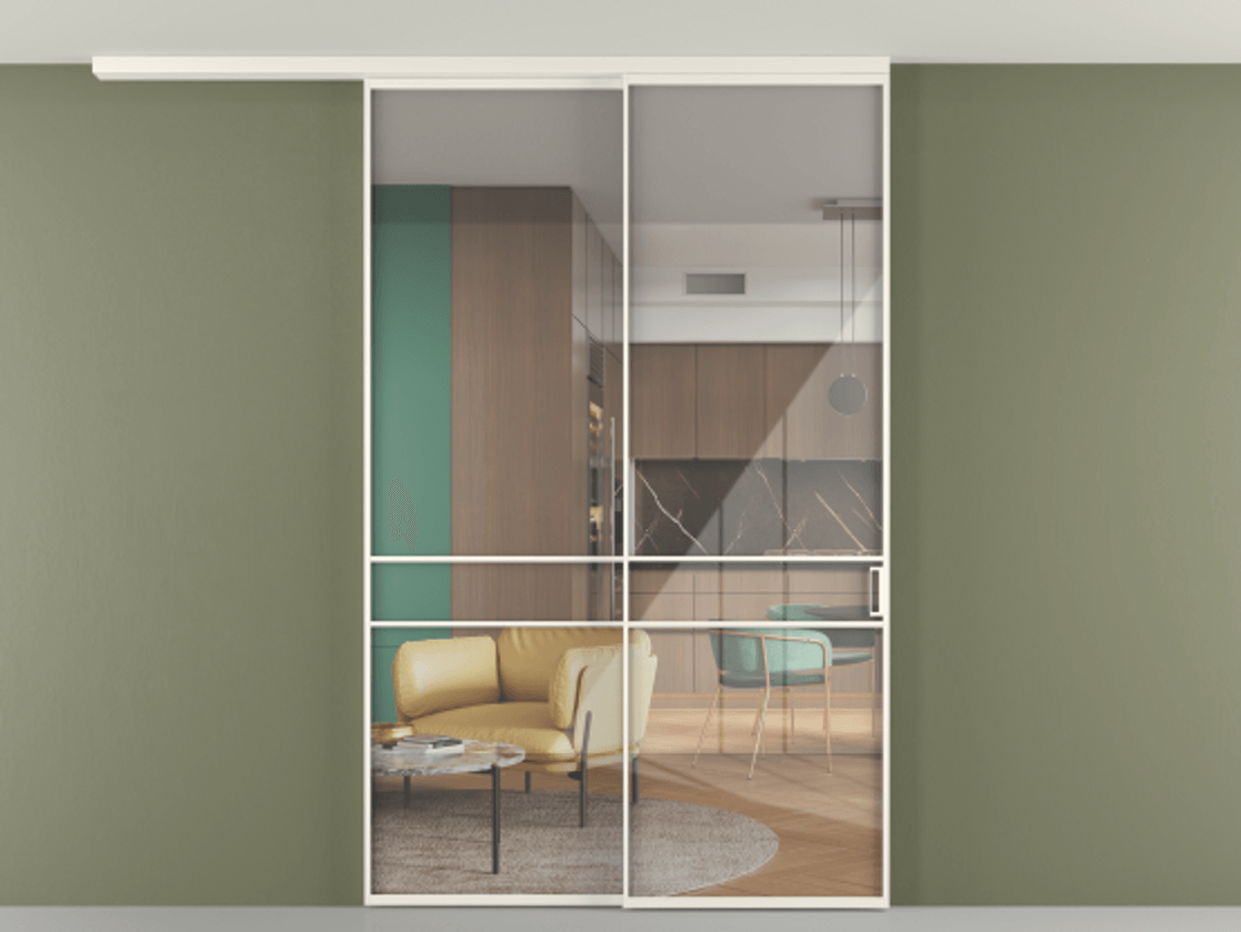 Перегородка Формато вдоль стены на потолок 2 створки с синхронным механизмом АЛПР 040.02 Алюминий пудровый белый Рефлективное прозрачное стекло "Стопсол", калёное Цена 17050 AZE | Volhovec