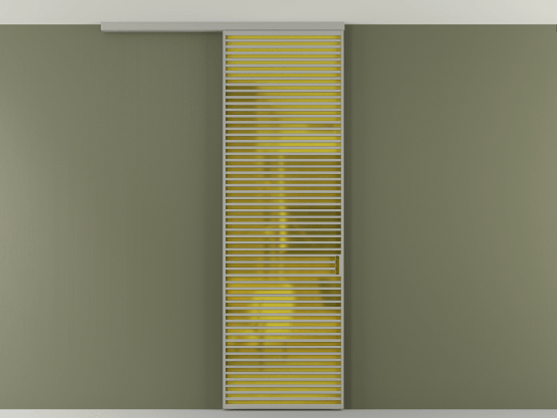 Перегородка Формато вдоль стены на потолок 1 створка АЛПР 040.07 Алюминий нейтральный серый Сатинированное жёлтое стекло, триплекс Цена 9300 AZE | Volhovec