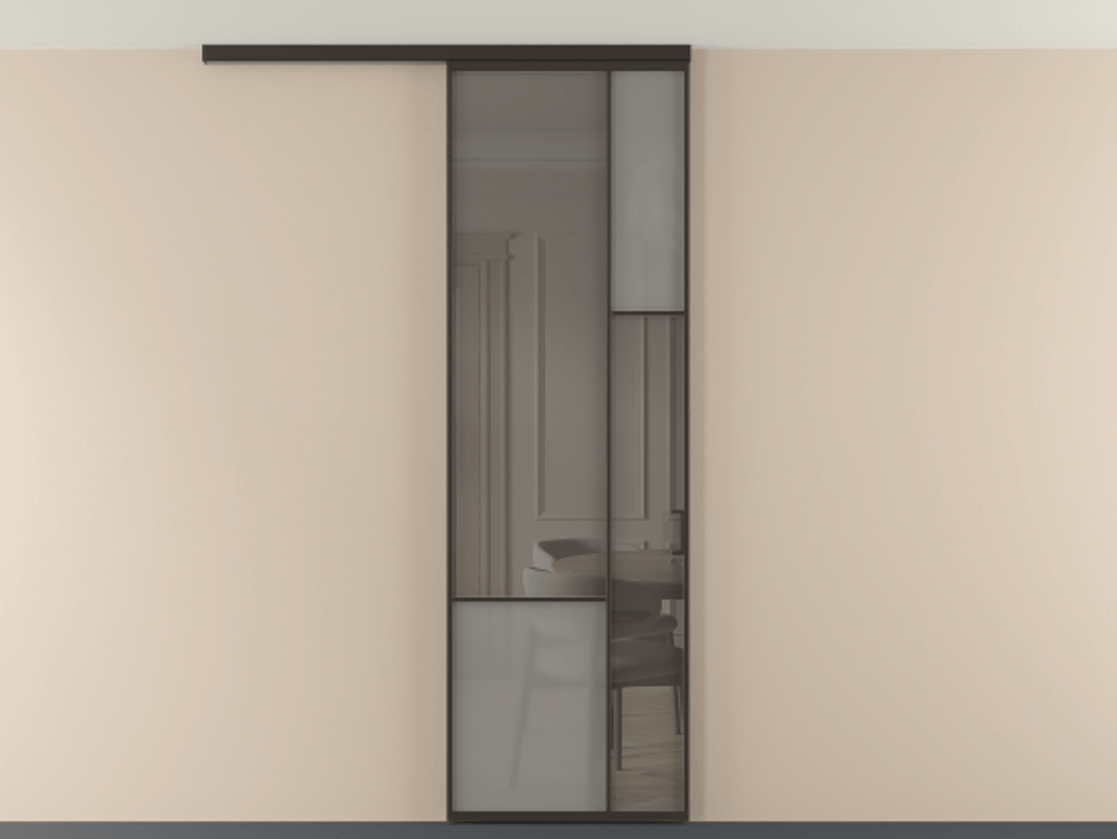 Перегородка Мозаик вдоль стены на потолок 1 створка АЛПР 041.12 Алюминий антрацит Сатинированное серое стекло, триплекс, 6 мм + Прозрачное серое стекло, триплекс Цена 7040 AZE | Volhovec