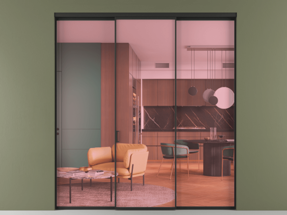 Перегородка Formato внутри проёма 3 створки АЛПР 040.01 Алюминий Черный Прозрачное розовое стекло, триплекс Цена 11300 AZE | Volhovec