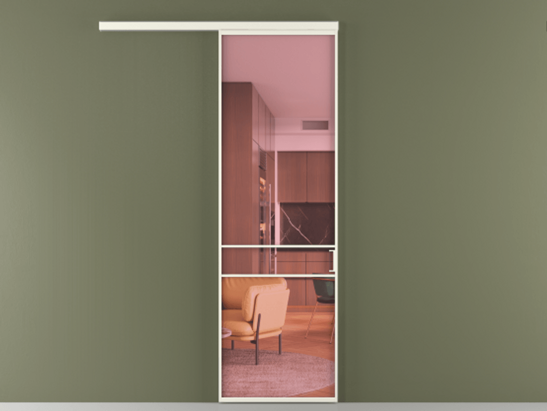 Перегородка Формато вдоль стены 1 створка АЛПР 040.02 Алюминий жемчужный Прозрачное розовое стекло, триплекс Цена 5500 AZE  | Volhovec