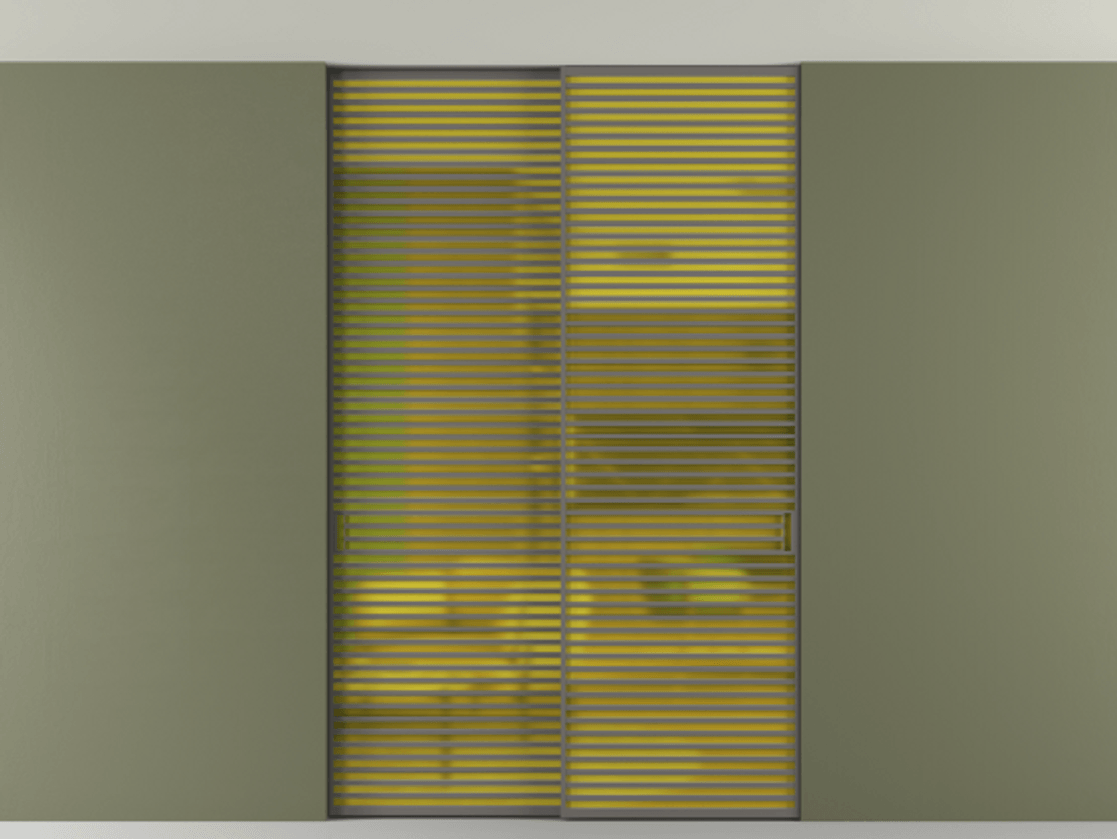 Перегородка Формато внутри проёма скрытое крепление в потолок 2 створки АЛПР 040.07 Алюминий классический серый Сатинированное жёлтое стекло, триплекс Цена 21400 AZE | Volhovec