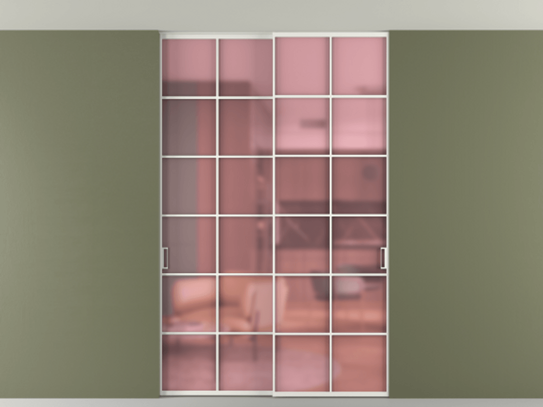 Перегородка Формато внутри проёма скрытое крепление в потолок 2 створки АЛПР 040.05 Алюминий светло-серый Сатинированное розовое стекло, триплекс Цена 13600 AZE | Volhovec