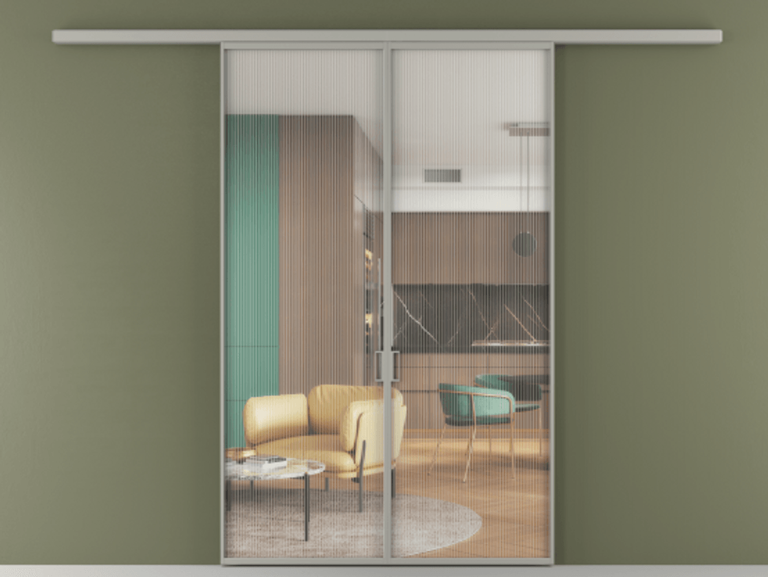 Перегородка Формато вдоль стены 2 створки АЛПР 040.01 Алюминий нейтральный серый Рифлёное стекло "Мору", триплекс Цена 10390 AZE | Volhovec