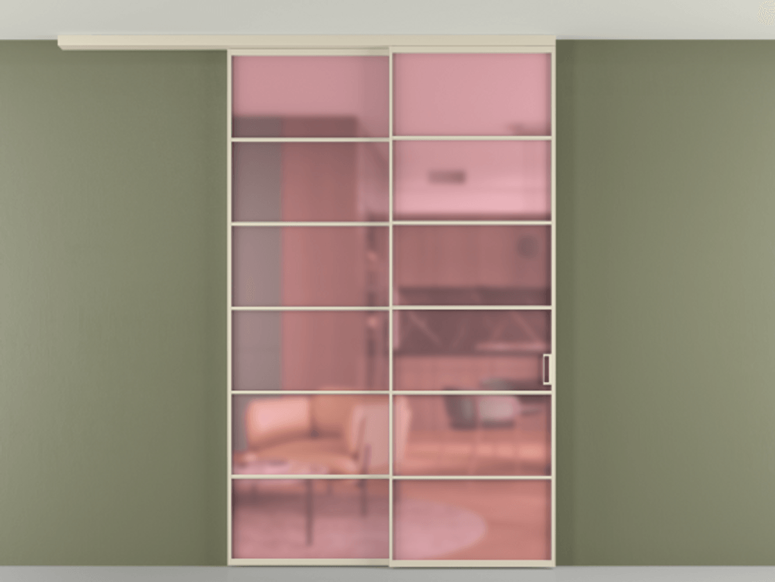 Перегородка Формато вдоль стены на потолок 2 створки с синхронным механизмом АЛПР 040.04 Алюминий бежево-серый Сатинированное розовое стекло, триплекс Цена 15200 AZE | Volhovec