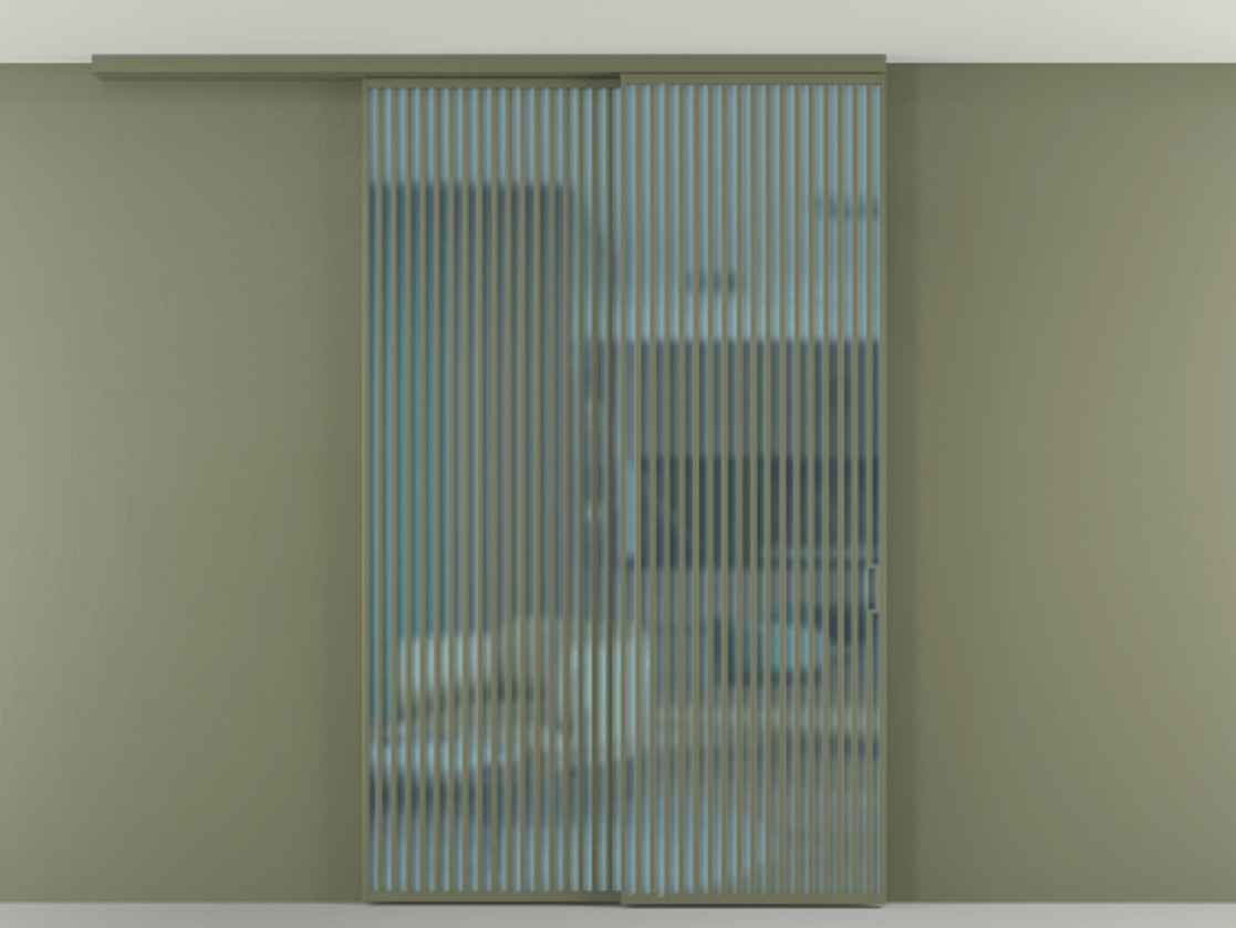 Перегородка Formato вдоль стены на потолок 2 створки с синхронным механизмом АЛПР 040.06 Алюминий оливковый тёмный Сатинированное голубое стекло, триплекс Цена 23500 AZE | Volhovec