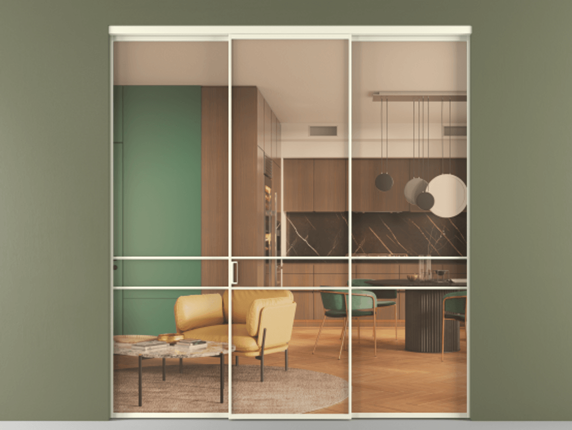 Перегородка Формато внутри проёма 3 створки АЛПР 040.02 Алюминий молочно-белый Прозрачное оранжевое стекло, триплекс Цена 12400 AZE | Volhovec