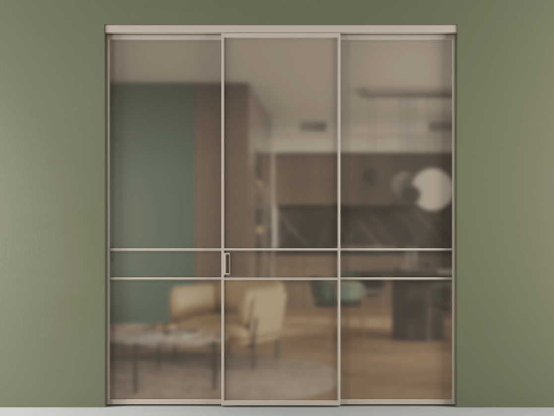 Перегородка Formato внутри проёма 3 створки АЛПР 040.02 Алюминий бисквитный Сатинированное бронзовое стекло, триплекс Цена 12370 AZE | Volhovec