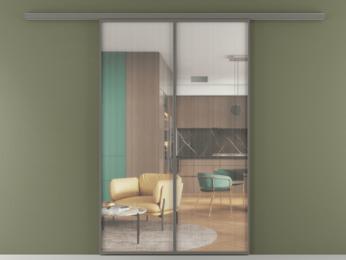 Перегородка Формато вдоль стены 2 створки АЛПР 040.01 Алюминий классический серый Рифлёное стекло "Мору", триплекс Цена 10390 AZE | Volhovec